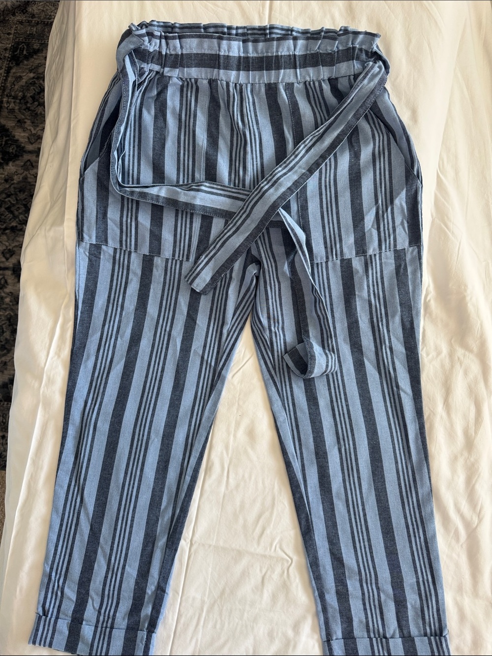 Striped Blue Paperbag Waist Pants with Tie Belt